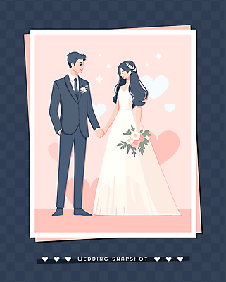 전신 여자 남자 신부 분홍색 꽃다발 웨딩드레스 신랑 결혼 일러스트 프레임 사랑 들기 턱시도 성인 두명 반짝임 마주보기 사각형 손잡기 사진촬영 하트 성인만 국내일러스트 AI파일 모양 도형 드레스 꽃 감정 컬러 모션 사람 정장 이벤트 촬영 파일형식 벡터