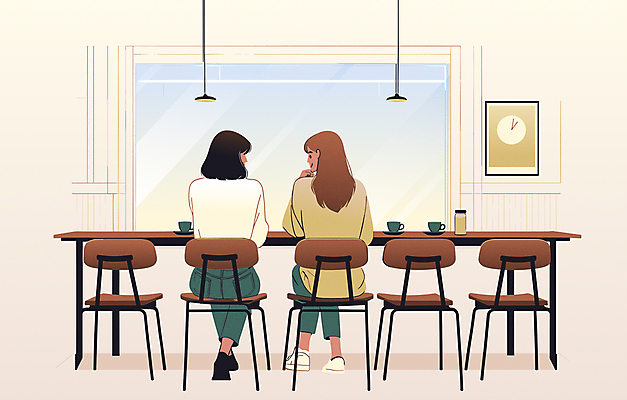 전신 여자 커피 액자 일러스트 창문 티타임 휴식 말하기 이야기 앉기 성인 두명 일상 친구 갈색 마주보기 카페 감성 수다 담소 성인여자만 국내일러스트 AI파일 음료 컬러 컨셉 관계 모션 대화 사람 라이프 상점 여자만 성인만 파일형식 벡터