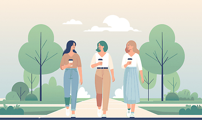 전신 나무 구름 여자 커피 일러스트 티타임 휴식 말하기 이야기 들기 성인 야외 일상 세명 초록색 친구 마주보기 걷기 산책 산책로 풀 감성 수다 담소 테이크아웃컵 성인여자만 국내일러스트 AI파일 자연요소 식물 길 음료 컬러 컨셉 관계 모션 대화 사람 라이프 컵 여자만 성인만 파일형식 벡터