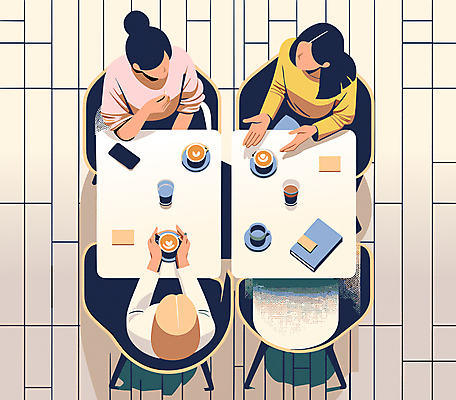 여자 커피 의자 일러스트 탁자 티타임 휴식 말하기 이야기 앉기 상반신 성인 일상 세명 친구 스마트폰 공책 감성 수다 담소 성인여자만 국내일러스트 AI파일 음료 가구 컨셉 관계 모션 문구용품 대화 사람 라이프 핸드폰 스마트기기 여자만 성인만 파일형식 벡터