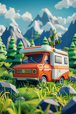 JPG 나무 구름 편집이미지 자연 하늘 산 사람없음 3D 귀여움 바위 풀잎 캠핑카 로우폴리 편집3D AI컴퓨터그래픽 AI콘텐츠 자연요소 식물 컨셉 잎 자동차 돌_바위 풀_식물 디지털합성 생태계 파일형식