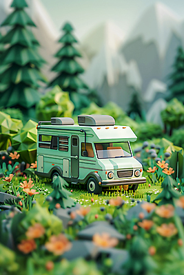 JPG 나무 구름 편집이미지 자연 산 사람없음 3D 귀여움 들꽃 풀잎 캠핑카 로우폴리 편집3D AI컴퓨터그래픽 AI콘텐츠 자연요소 식물 꽃 컨셉 잎 자동차 풀_식물 디지털합성 생태계 파일형식