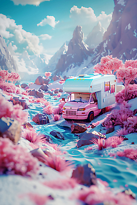 JPG 나무 구름 편집이미지 분홍색 자연 하늘 산 사람없음 3D 귀여움 계곡 풀잎 캠핑카 로우폴리 편집3D AI컴퓨터그래픽 AI콘텐츠 자연요소 식물 컬러 컨셉 잎 자동차 풀_식물 디지털합성 생태계 파일형식