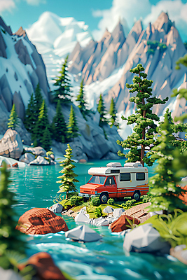 JPG 나무 구름 편집이미지 자연 하늘 산 사람없음 3D 귀여움 계곡 바위 풀잎 캠핑카 로우폴리 편집3D AI컴퓨터그래픽 AI콘텐츠 자연요소 식물 컨셉 잎 자동차 돌_바위 풀_식물 디지털합성 생태계 파일형식