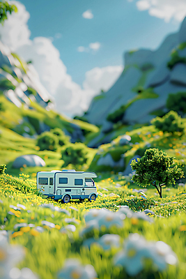 JPG 나무 구름 편집이미지 자연 하늘 산 사람없음 3D 귀여움 들꽃 풀잎 캠핑카 로우폴리 편집3D AI컴퓨터그래픽 AI콘텐츠 자연요소 식물 꽃 컨셉 잎 자동차 풀_식물 디지털합성 생태계 파일형식