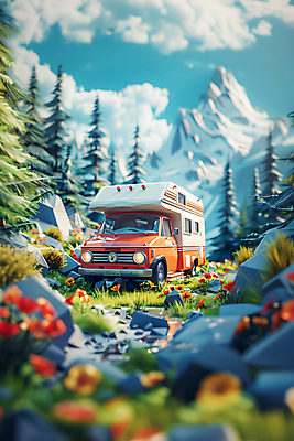 JPG 나무 구름 편집이미지 자연 하늘 산 사람없음 3D 귀여움 들꽃 캠핑카 로우폴리 편집3D AI컴퓨터그래픽 AI콘텐츠 자연요소 식물 꽃 컨셉 자동차 디지털합성 생태계 파일형식