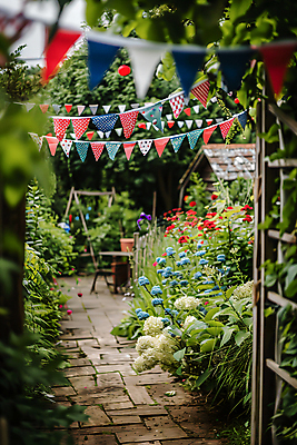 JPG 편집이미지 꽃 길 탁자 나뭇잎 사람없음 야외 장식 울타리 화려 삼각형 숲 오두막 가랜드 편집실사 AI포토 AI콘텐츠 도형 식물 가구 컨셉 잎 담장 CG 파티용품 파일형식