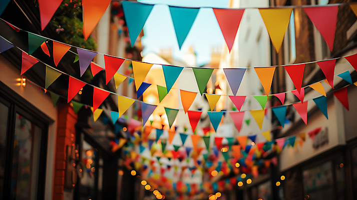 JPG 편집이미지 거리 사람없음 야외 장식 상점 도시 화려 삼각형 보케 가랜드 편집실사 AI포토 AI콘텐츠 도형 컨셉 CG 파티용품 파일형식