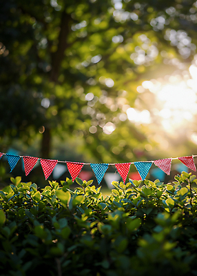 JPG 편집이미지 나뭇잎 사람없음 야외 장식 햇빛 화려 삼각형 숲 가랜드 편집실사 AI포토 AI콘텐츠 도형 컨셉 잎 태양 CG 파티용품 파일형식
