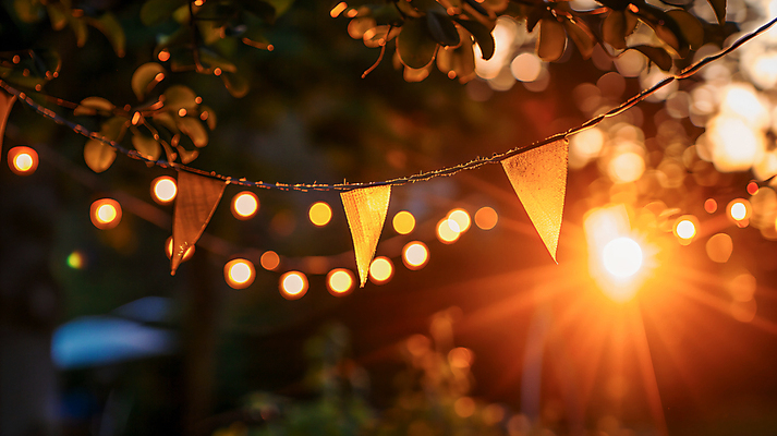 JPG 편집이미지 나뭇잎 사람없음 야외 장식 햇빛 노을 화려 삼각형 숲 보케 가랜드 편집실사 AI포토 AI콘텐츠 자연요소 도형 컨셉 잎 태양 CG 파티용품 파일형식