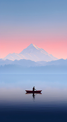 JPG 편집이미지 실루엣 물결 하늘색 산 한명 성인 강 반사 노을 선박 성인한명만 이미지편집 편집실사 AI컴퓨터그래픽 AI콘텐츠 자연요소 1 수상교통 촬영기법 사람 파란색 CG 성인만 파일형식
