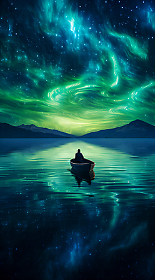 JPG 편집이미지 실루엣 물결 하늘 산 한명 성인 초록색 강 반사 야간 오로라 선박 성인한명만 이미지편집 편집실사 AI컴퓨터그래픽 AI콘텐츠 자연요소 1 컬러 수상교통 자연현상 촬영기법 사람 CG 성인만 파일형식