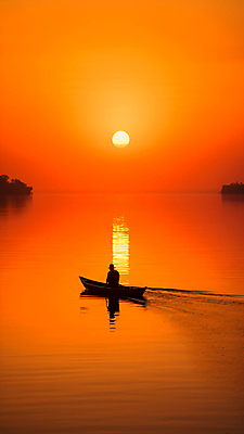 JPG 편집이미지 실루엣 물결 한명 성인 강 태양 반사 노을 주황색 선박 성인한명만 이미지편집 편집실사 AI컴퓨터그래픽 AI콘텐츠 자연요소 1 컬러 수상교통 촬영기법 사람 CG 성인만 파일형식