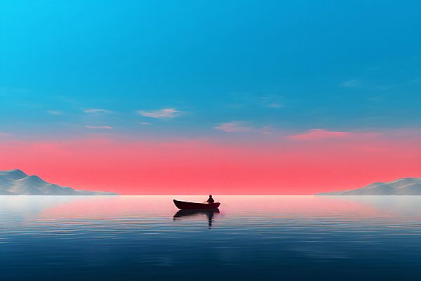 JPG 구름 편집이미지 실루엣 산 한명 성인 파란색 강 반사 노을 선박 성인한명만 이미지편집 편집실사 AI컴퓨터그래픽 AI콘텐츠 자연요소 1 컬러 수상교통 촬영기법 사람 CG 성인만 파일형식