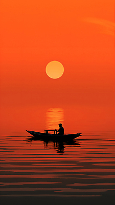 JPG 편집이미지 실루엣 물결 한명 성인 빨간색 강 태양 반사 노을 선박 성인한명만 이미지편집 편집실사 AI컴퓨터그래픽 AI콘텐츠 자연요소 1 컬러 수상교통 촬영기법 사람 CG 성인만 파일형식