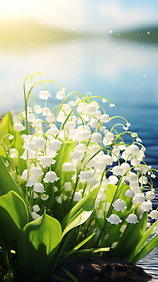 JPG 편집이미지 호수 풍경 사람없음 햇빛 은방울꽃 방울꽃 편집실사 AI포토 AI콘텐츠 꽃 태양 CG 파일형식