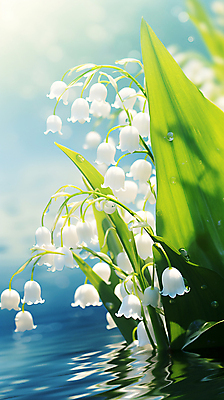 JPG 편집이미지 호수 풍경 사람없음 햇빛 은방울꽃 방울꽃 편집실사 AI포토 AI콘텐츠 꽃 태양 CG 파일형식