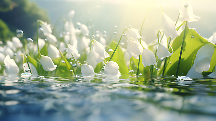 JPG 편집이미지 호수 풍경 사람없음 햇빛 은방울꽃 방울꽃 편집실사 AI포토 AI콘텐츠 꽃 태양 CG 파일형식