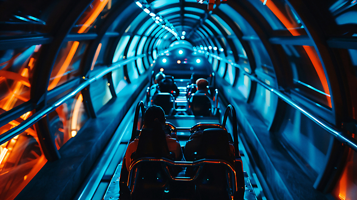 JPG 편집이미지 데이트 놀이 사람없음 빛 놀이공원 오픈 터널 야간 디지털합성 통로 롤러코스터 야간개장 편집실사 AI포토 AI콘텐츠 자연요소 길 테마파크 놀이기구 CG 파일형식