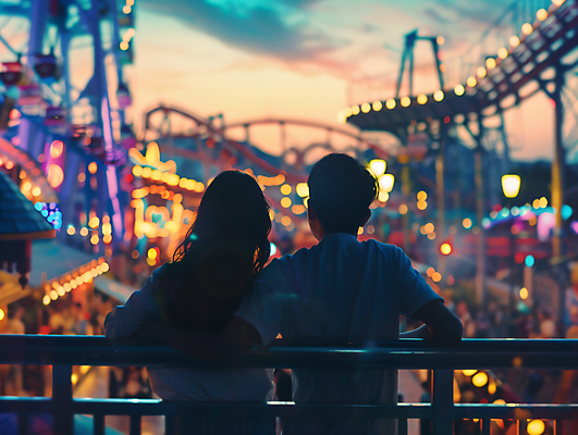 JPG 편집이미지 커플 여자 남자 데이트 놀이 성인 두명 뒷모습 빛 놀이공원 오픈 야간 디지털합성 성인만 야간개장 편집실사 AI인물포토 AI콘텐츠 자연요소 뷰포인트 관계 사람 테마파크 CG 파일형식 AI포토