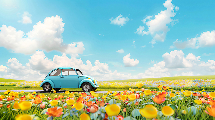JPG 편집이미지 꽃 행복 여행 꽃밭 자동차 사람없음 햇빛 봄 미니어처 드라이브 편집실사 AI포토 AI콘텐츠 식물 계절 감정 육상교통 태양 모형 운전 CG 파일형식