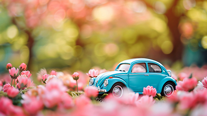 JPG 편집이미지 꽃 행복 분홍색 여행 꽃밭 자동차 사람없음 아웃포커스 봄 미니어처 드라이브 편집실사 AI포토 AI콘텐츠 식물 계절 감정 육상교통 컬러 촬영기법 모형 운전 CG 파일형식