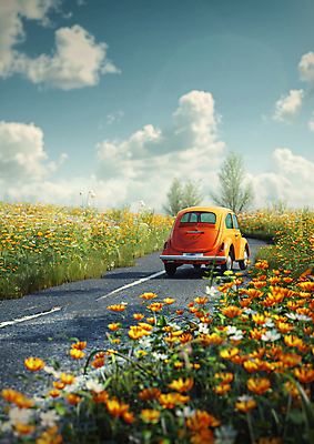 JPG 편집이미지 꽃 행복 도로 여행 자동차 하늘 사람없음 햇빛 봄 미니어처 드라이브 편집실사 AI포토 AI콘텐츠 식물 계절 감정 길 육상교통 교통시설 태양 모형 운전 CG 파일형식