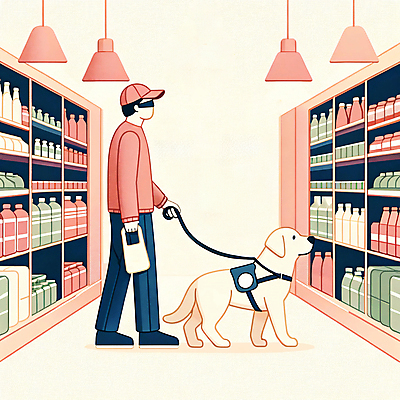 JPG 전신 남자 가방 일러스트 한명 서기 들기 성인 상점 잡기 골든리트리버 장애인 마트 목줄 베이지색 시각장애인 식료품점 안내견 장애인의날 성인남자한명만 국내일러스트 AI일러스트 AI콘텐츠 1 잡화 컬러 모션 사람 개 리트리버 장애 남자한명만 성인남자만 파일형식 법정기념일 반려용품