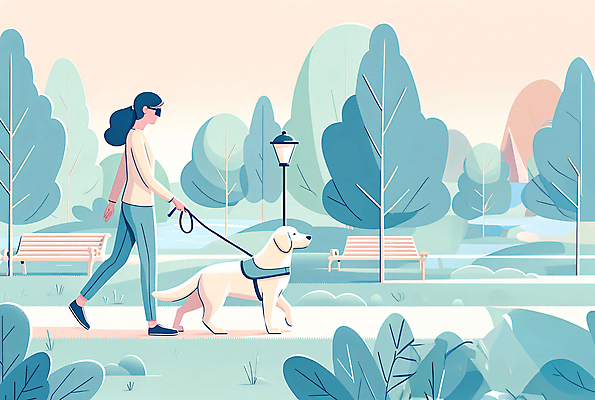 JPG 전신 나무 공원 여자 가로등 벤치 일러스트 한명 성인 걷기 잡기 풀 골든리트리버 장애인 청록색 목줄 시각장애인 안내견 장애인의날 성인여자한명만 국내일러스트 AI일러스트 AI콘텐츠 식물 1 공공시설 컬러 의자 모션 사람 개 리트리버 장애 여자한명만 성인여자만 파일형식 법정기념일 반려용품