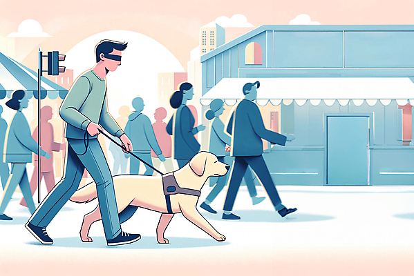 JPG 전신 여자 남자 일러스트 여러명 성인 건물 걷기 잡기 골든리트리버 신호등 장애인 청록색 목줄 시각장애인 안내견 장애인의날 성인만 국내일러스트 AI일러스트 AI콘텐츠 건축물 컬러 다수 모션 사람 개 리트리버 장애 파일형식 법정기념일 반려용품