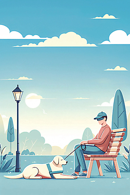 JPG 전신 나무 구름 공원 남자 가로등 벤치 일러스트 하늘 휴식 한명 앉기 성인 잡기 골든리트리버 장애인 청록색 목줄 시각장애인 안내견 장애인의날 성인남자한명만 국내일러스트 AI일러스트 AI콘텐츠 자연요소 식물 1 공공시설 컬러 컨셉 의자 모션 사람 개 리트리버 장애 남자한명만 성인남자만 파일형식 법정기념일 반려용품