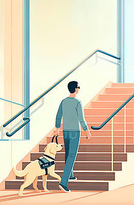 JPG 전신 남자 일러스트 한명 성인 걷기 계단 잡기 골든리트리버 장애인 오르기 목줄 베이지색 시각장애인 안내견 장애인의날 성인남자한명만 국내일러스트 AI일러스트 AI콘텐츠 1 컬러 모션 사람 개 리트리버 장애 남자한명만 성인남자만 파일형식 법정기념일 반려용품