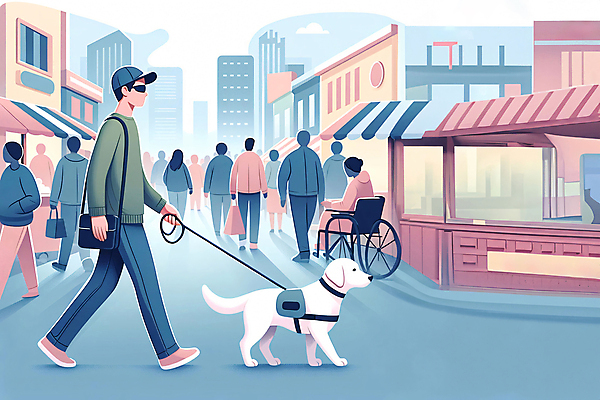 JPG 전신 남자 일러스트 여러명 성인 건물 걷기 상점 잡기 골든리트리버 장애인 목줄 시각장애인 안내견 장애인의날 성인만 국내일러스트 AI일러스트 AI콘텐츠 건축물 다수 모션 사람 개 리트리버 장애 파일형식 법정기념일 반려용품