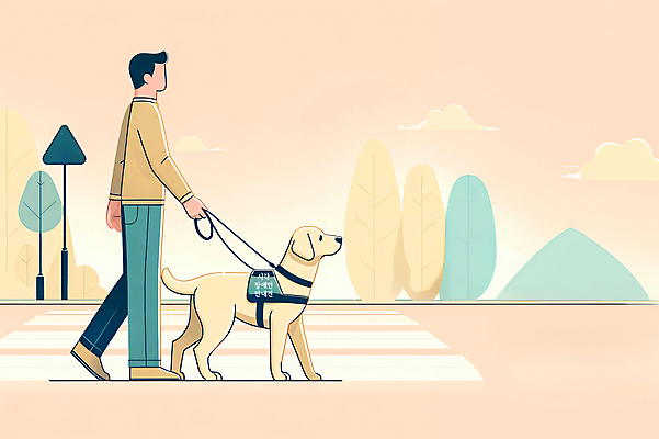JPG 전신 나무 남자 도로 일러스트 한명 성인 걷기 잡기 횡단보도 골든리트리버 장애인 목줄 베이지색 시각장애인 안내견 장애인의날 성인남자한명만 국내일러스트 AI일러스트 AI콘텐츠 식물 1 길 컬러 교통시설 모션 사람 보행로 개 리트리버 장애 남자한명만 성인남자만 파일형식 법정기념일 반려용품
