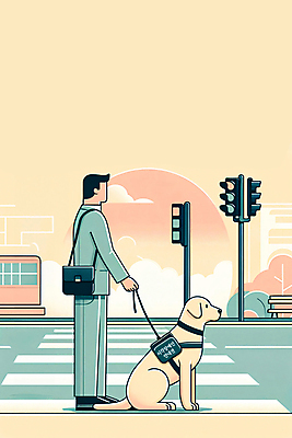 JPG 전신 남자 도로 일러스트 한명 서기 성인 노란색 잡기 표지판 횡단보도 골든리트리버 신호등 장애인 청록색 목줄 시각장애인 안내견 장애인의날 성인남자한명만 국내일러스트 AI일러스트 AI콘텐츠 1 길 컬러 교통시설 모션 알림판 사람 보행로 개 리트리버 장애 남자한명만 성인남자만 파일형식 법정기념일 반려용품