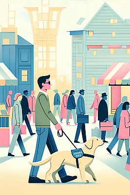 JPG 전신 여자 남자 일러스트 여러명 성인 건물 걷기 잡기 골든리트리버 장애인 목줄 시각장애인 안내견 장애인의날 국내일러스트 AI일러스트 AI콘텐츠 건축물 다수 모션 사람 개 리트리버 장애 파일형식 법정기념일 반려용품