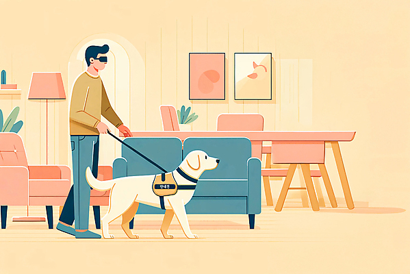 JPG 전신 남자 액자 의자 일러스트 실내 한명 성인 소파 노란색 걷기 잡기 골든리트리버 장애인 책상 목줄 시각장애인 안내견 장애인의날 성인남자한명만 국내일러스트 AI일러스트 AI콘텐츠 1 컬러 가구 모션 사람 내부 개 리트리버 장애 남자한명만 성인남자만 파일형식 법정기념일 반려용품