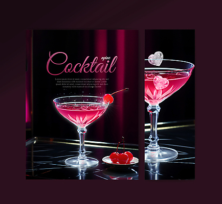 템플릿 포스터 음료 분홍색 잔 사람없음 검은색 칵테일 체리 크리스탈 칵테일잔 메뉴판 이미지템플릿 AI파일 식기 컬러 술잔 과일 주류 광석 파일형식 벡터