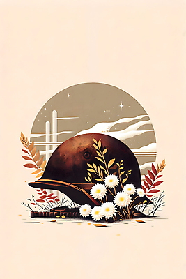 JPG 꽃 백그라운드 일러스트 기념 사람없음 평화 추억 헬멧 디지털합성 전쟁 희생 철모 6.25전쟁 베이지색 추모 편집소스 호국보훈의달 국내일러스트 AI일러스트 AI콘텐츠 식물 컬러 컨셉 보호장비 6월 파일형식