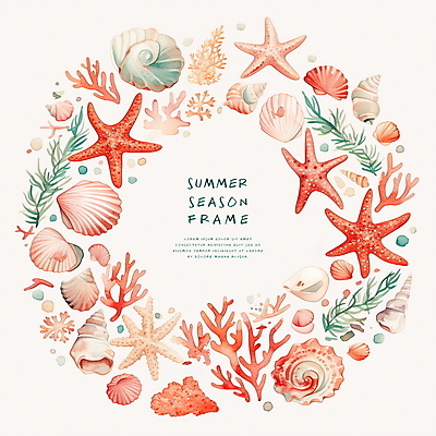 PSD 일러스트 조개 불가사리 프레임 타이포그라피 사람없음 여름 화려 산호 산호초 카피스페이스 국내일러스트 문자 계절 컨셉 어패류 극피동물 공백 수중식물 자포동물 파일형식