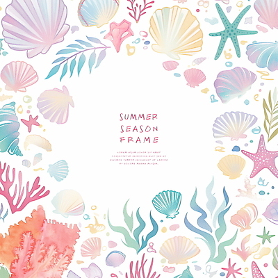 PSD 일러스트 조개 불가사리 프레임 타이포그라피 사람없음 여름 화려 산호 산호초 카피스페이스 국내일러스트 문자 계절 컨셉 어패류 극피동물 공백 수중식물 자포동물 파일형식