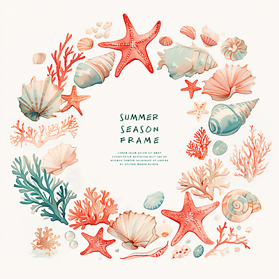 PSD 일러스트 조개 불가사리 프레임 타이포그라피 사람없음 여름 화려 산호 산호초 카피스페이스 국내일러스트 문자 계절 컨셉 어패류 극피동물 공백 수중식물 자포동물 파일형식
