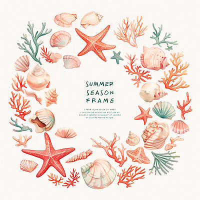 PSD 일러스트 조개 불가사리 프레임 타이포그라피 사람없음 여름 화려 산호 산호초 카피스페이스 국내일러스트 문자 계절 컨셉 어패류 극피동물 공백 수중식물 자포동물 파일형식