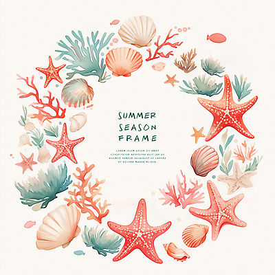 PSD 일러스트 조개 불가사리 프레임 타이포그라피 사람없음 여름 화려 산호 산호초 카피스페이스 국내일러스트 문자 계절 컨셉 어패류 극피동물 공백 수중식물 자포동물 파일형식