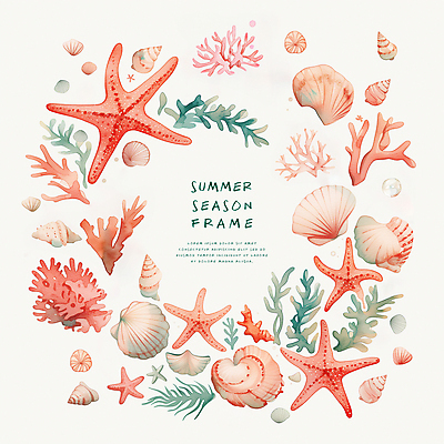 PSD 일러스트 조개 불가사리 프레임 타이포그라피 사람없음 여름 화려 산호 산호초 카피스페이스 국내일러스트 문자 계절 컨셉 어패류 극피동물 공백 수중식물 자포동물 파일형식