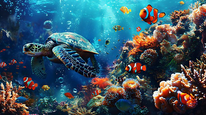 JPG 편집이미지 백그라운드 사람없음 바닷속 산호 산호초 거북이 열대어 디지털합성 흰동가리 편집소스 편집실사 AI포토 AI콘텐츠 파충류 어류 수중 수중식물 자포동물 CG 파일형식