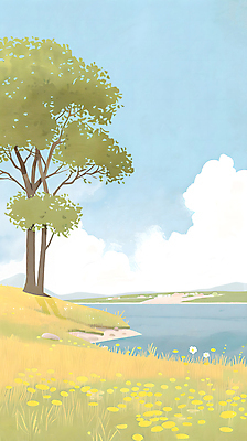 PSD 나무 꽃 백그라운드 일러스트 자연 하늘 산 풍경 잔디 초원 사람없음 초록색 물 여름 연못 분위기 국내일러스트 자연요소 식물 계절 컬러 컨셉 생태계 파일형식