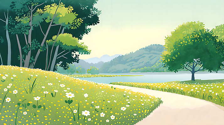 PSD 나무 꽃 길 백그라운드 일러스트 자연 하늘 산 풍경 잔디 초원 사람없음 초록색 물 여름 연못 분위기 국내일러스트 자연요소 식물 계절 컬러 컨셉 생태계 파일형식