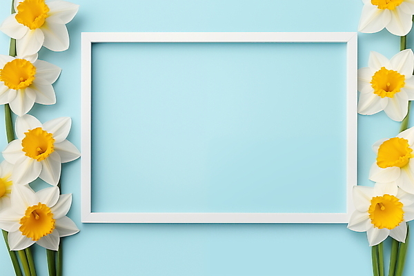 JPG 편집이미지 하늘색 액자 프레임 사람없음 장식 노란색 봄 화사함 수선화 카피스페이스 편집실사 AI포토 AI콘텐츠 계절 꽃 컬러 컨셉 파란색 공백 CG 파일형식