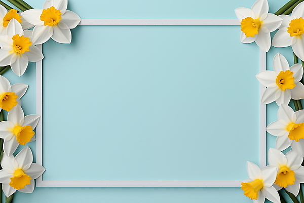 JPG 편집이미지 하늘색 액자 프레임 사람없음 장식 노란색 봄 화사함 수선화 카피스페이스 편집실사 AI포토 AI콘텐츠 계절 꽃 컬러 컨셉 파란색 공백 CG 파일형식